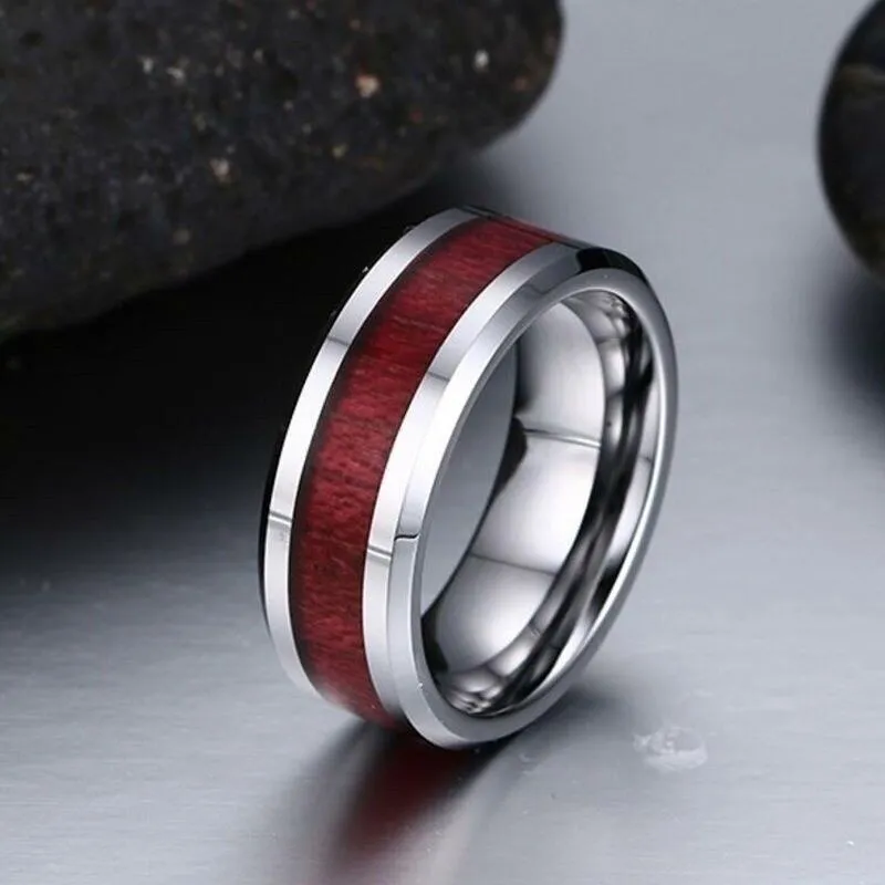 Red Koa Wood and Crystal Rhinestone Stainless Steel Wedding Ring Set