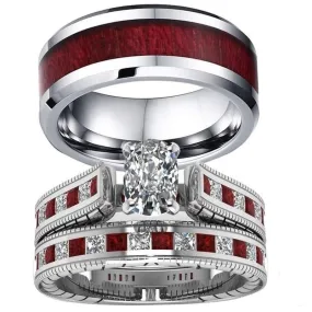 Red Koa Wood and Crystal Rhinestone Stainless Steel Wedding Ring Set