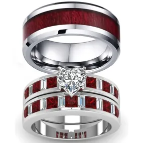 Red Koa Wood Inlay and Crystal & Rhinestone Heart Stainless Steel Wedding Ring Set