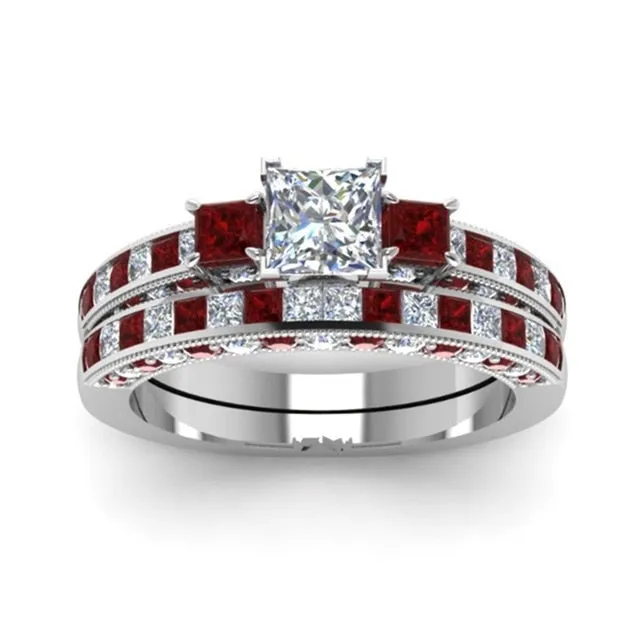 Red Koa Wood Inlay and Square Cubic Zirconia Stainless Steel Wedding Bands Set