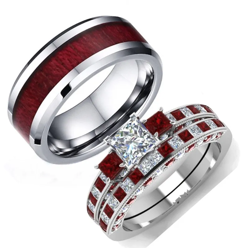 Red Koa Wood Inlay and Square Cubic Zirconia Stainless Steel Wedding Bands Set