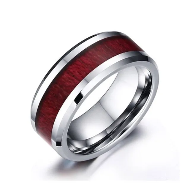 Red Koa Wood Inlay and Square Cubic Zirconia Stainless Steel Wedding Bands Set