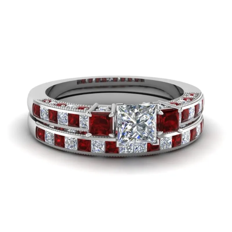 Red Koa Wood Inlay and Square Cubic Zirconia Stainless Steel Wedding Bands Set