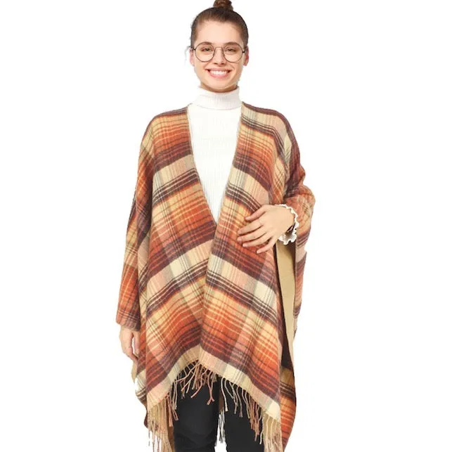 Reversible Plaid Check Patterned Tassel Cape Poncho