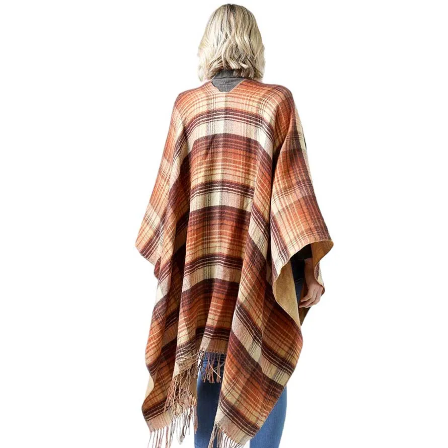 Reversible Plaid Check Patterned Tassel Cape Poncho