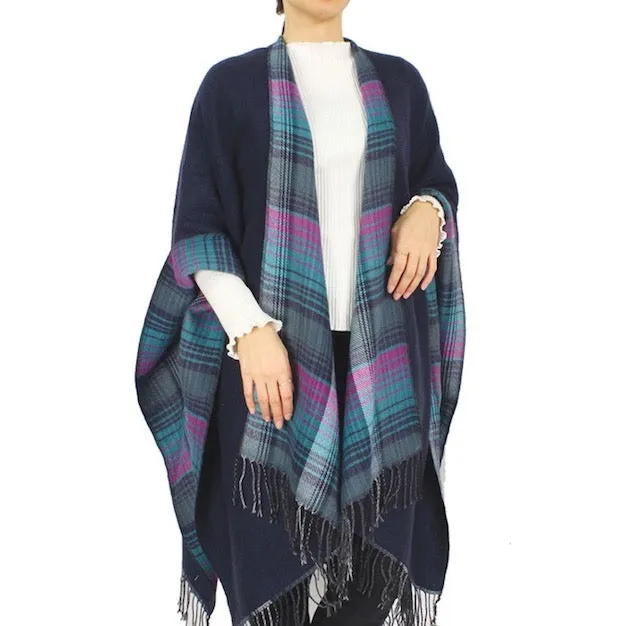 Reversible Plaid Check Patterned Tassel Cape Poncho