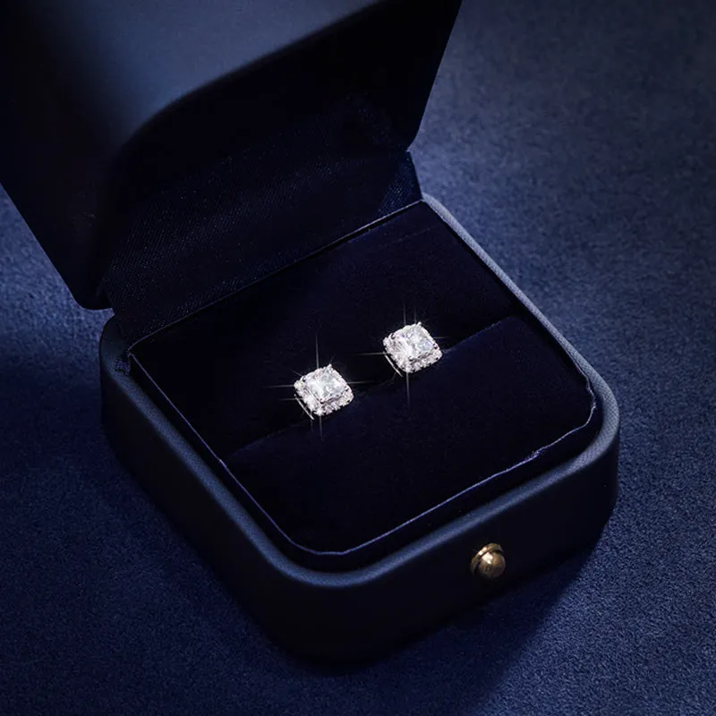 S925 Silver Princess Cut Moissanite Halo Earrings