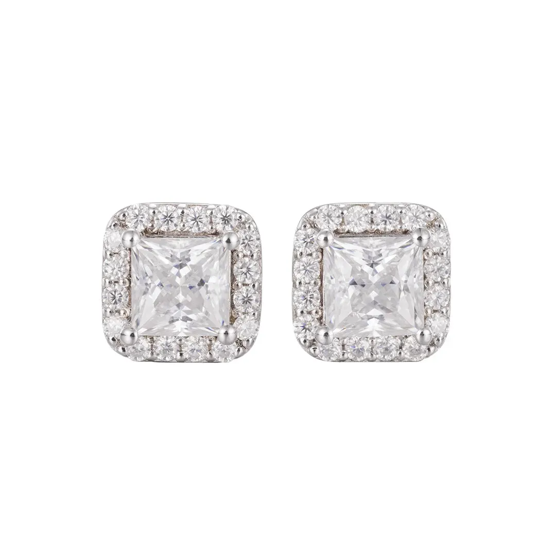 S925 Silver Princess Cut Moissanite Halo Earrings