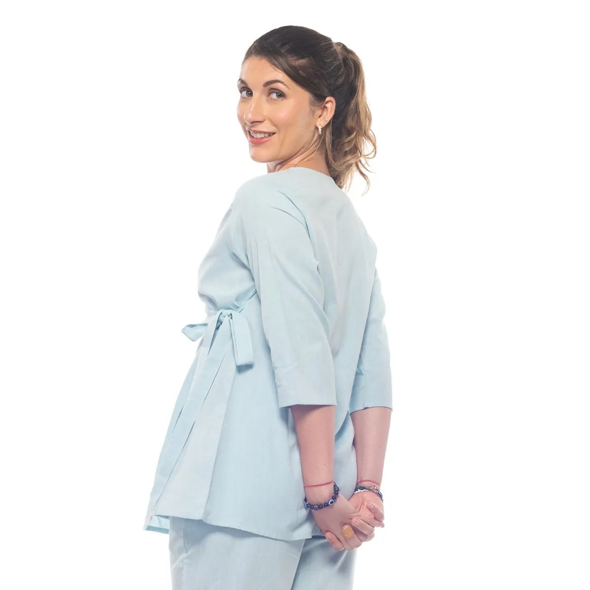 Sky-Blue Handwoven Cotton Long Wrap Top | Long Top for Women