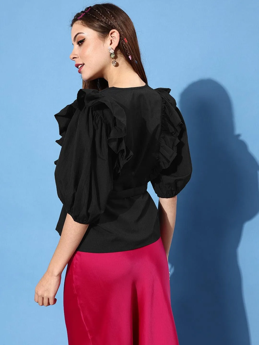 Style Quotient Women Black Ruffles Wrap Top