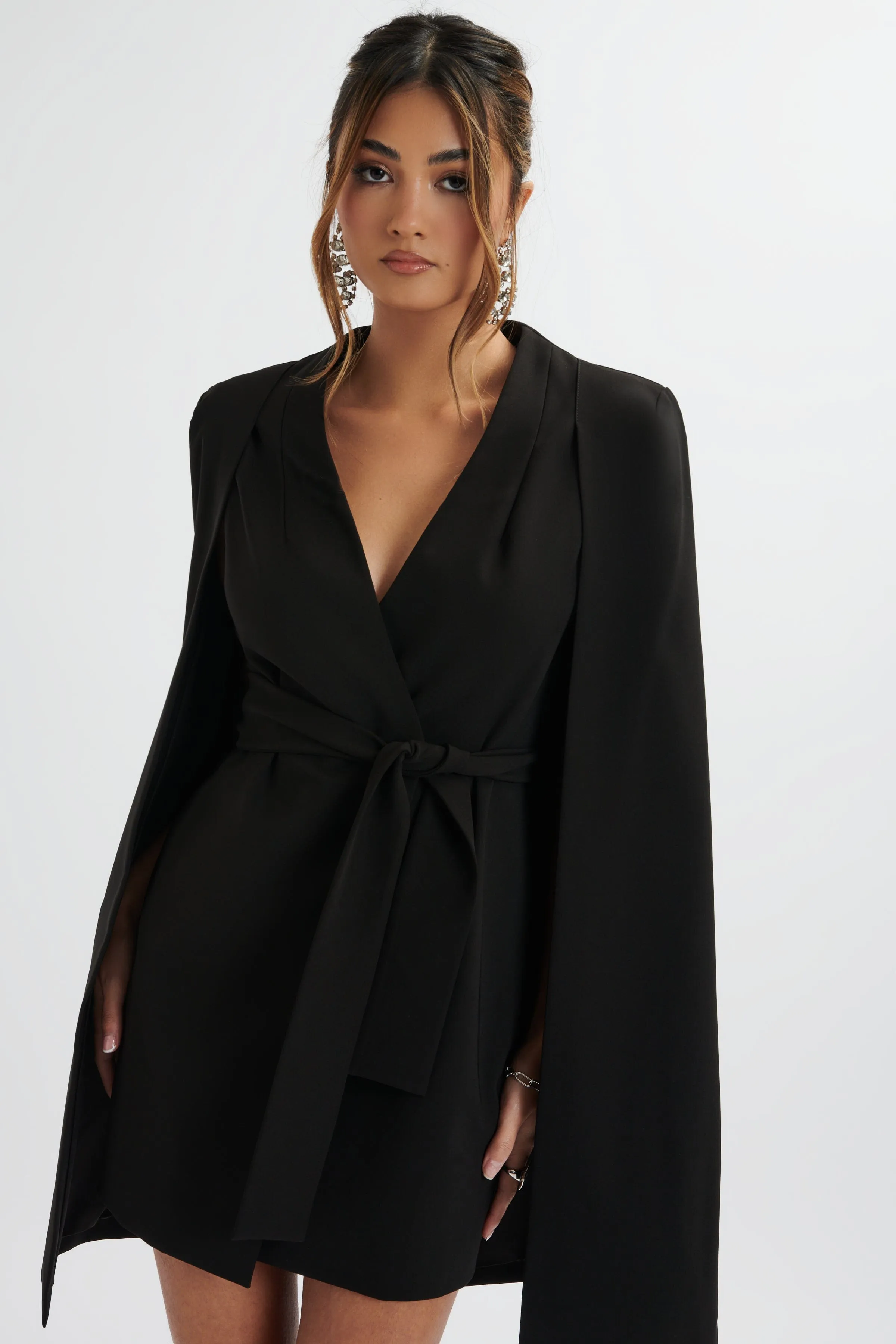 TIFFANY Belted Cape Blazer Mini Dress In Black