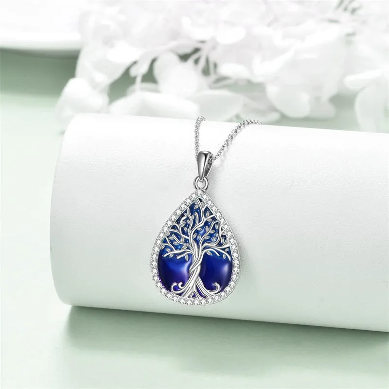 Tree of Life Necklace 925 Sterling Silver Teardrop Enamel Family Tree Pendant Necklace for Women