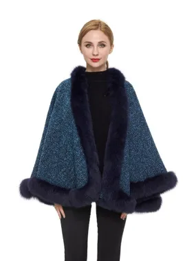 Wool blend cape with fox trim