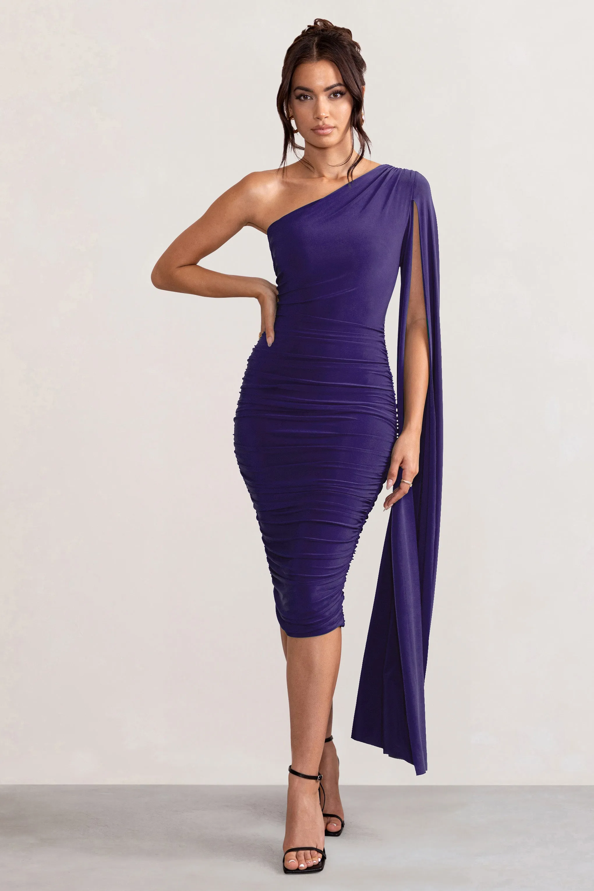 Yara | Purple One Shoulder Cape Ruched Midi Dress